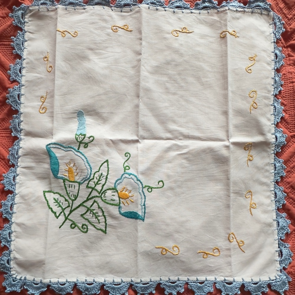 Embroidered Floral Tablecloth with Blue Lace